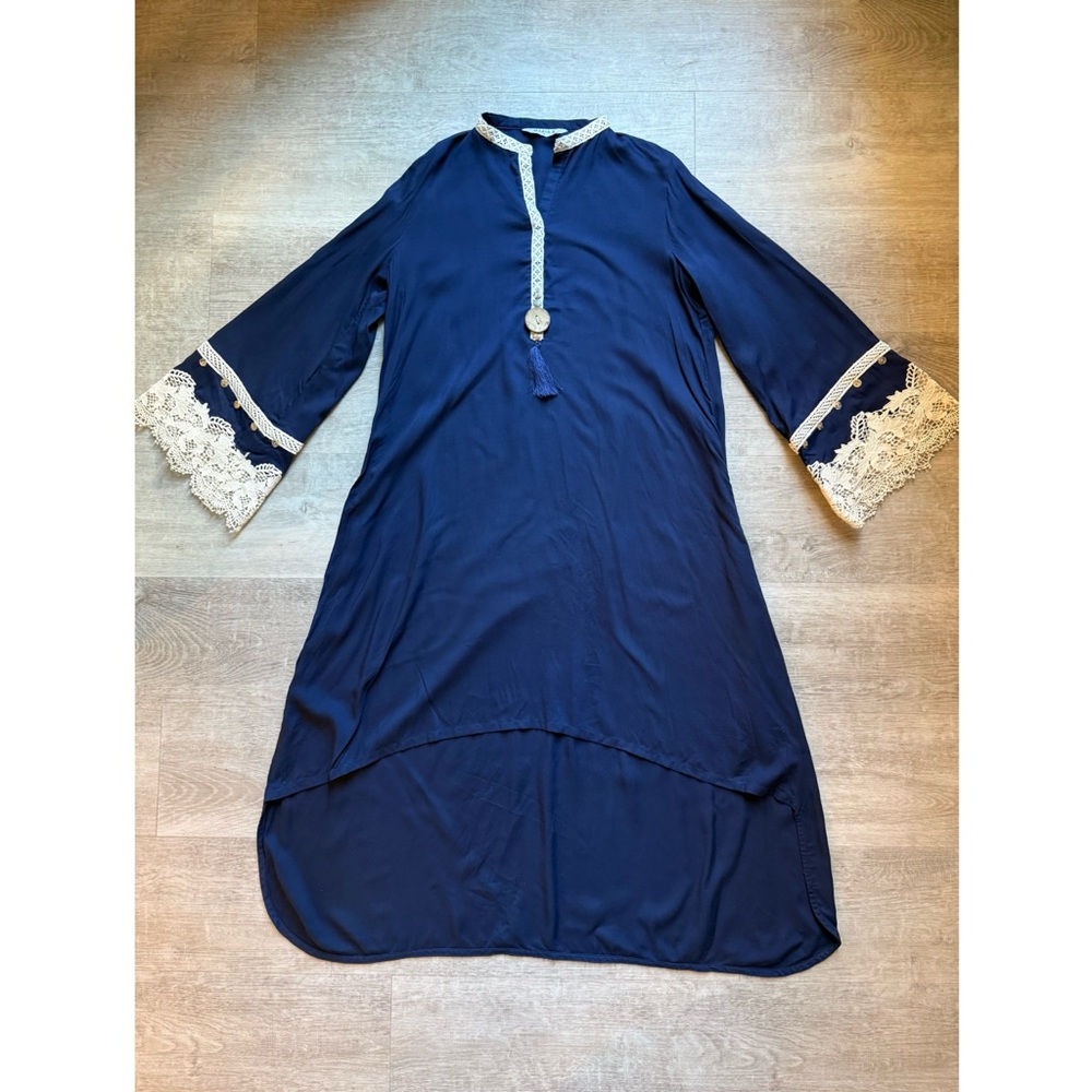 Maria B Navy Blue Lace Trim Long Sleeves High Low Kaftan Dress Size S Ethnic